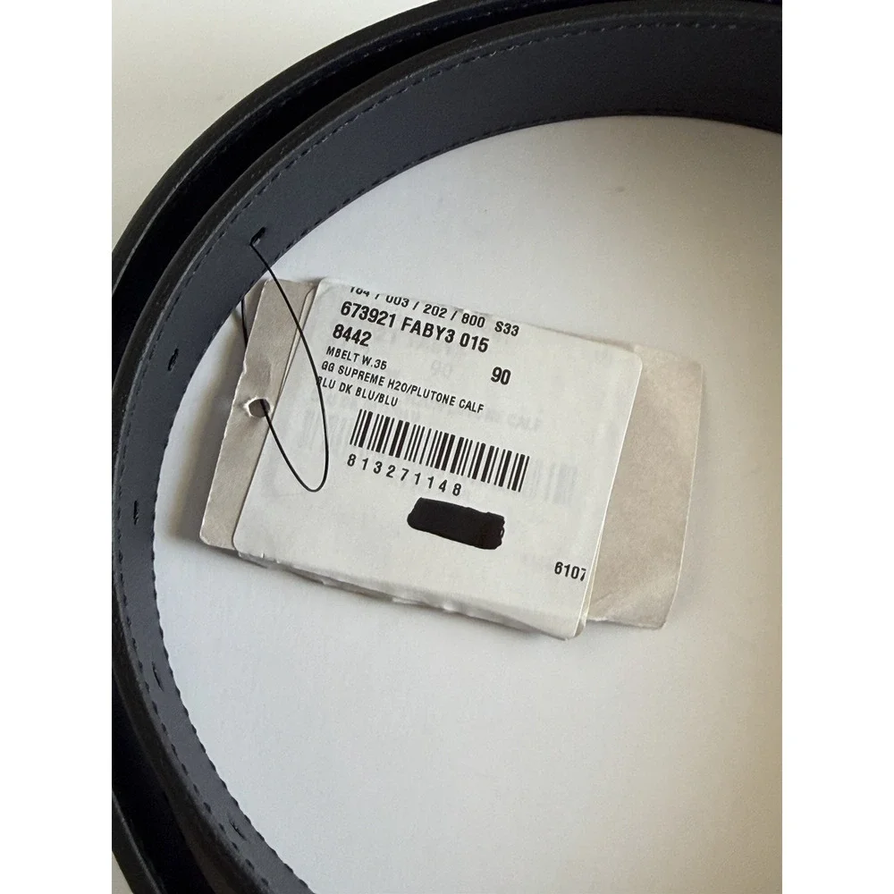 Gucci Interlocking GG Supreme Details Leather Belt Blue/Black 90/36 673921 NWT